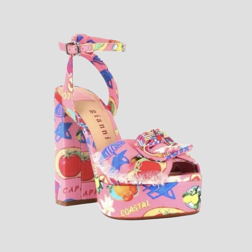 Gianni Bini Tobias Sandals Pink Printed Linen Beaded Platform High Heel 8.5 M